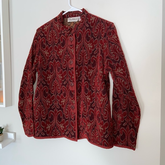 Flashback 90's Vintage Brocade Red Embroidered Buttoned Jacket Size Large - Picture 2 of 10